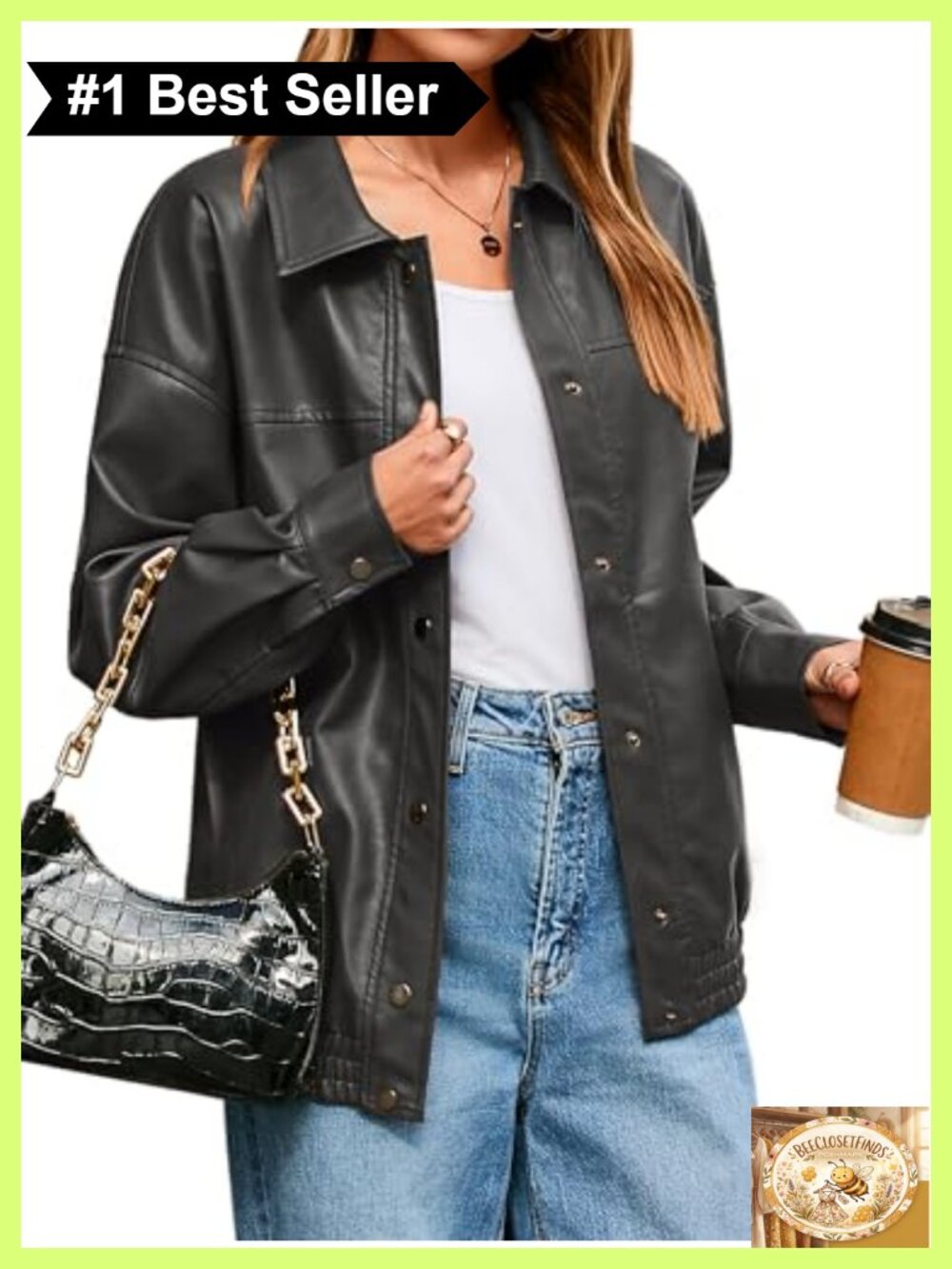Faux Leather Moto Bomber Jacket Loose Fit Button Down Fall Winter Coat